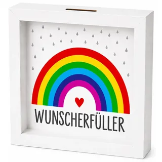 Spardose Holz & Glas 16x16x4 cm | Regenbogen Wunscherfüller Geldgeschenk