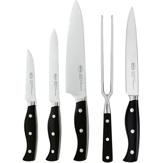 RÖSLE Messer-Set PURA inkl. Tranchiergabel 5-tlg., Kochmesser, Universalmesser, Gemüsemesser, Fleischmesser, mit scharf geschliffener Klinge aus Klingenspezialstahl, genieteter Griff