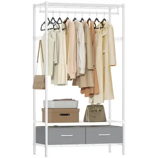 SONGMICS Kleiderständer offener Kleiderschrank, Garderobe mit Gitterablagen, (Garderobenständer mit 2 Schubladen mit Kleiderstange), mit 2 Schubladen und Kleiderstange, freistehend weiß