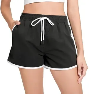 riemot Badeshorts Damen Schnelltrocknend, Strandshorts mit Elastischem Bund & Kordelzug, Schwimmshorts mit Netzfutter und Taschen, Sport- & Beach Shorts für Sommer,Schwarz,S