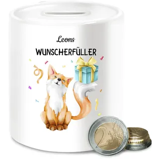 Kinder - Mädchen und Jungen - Spardose Wunscherfüller Fuchs mit Name personalisiert I Geldgeschenk Geburtstag I Weihnachten - Unisize - Weiß - personalisierte sparbüchse kinderspardosen eigenem