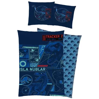 Jurassic World Kinder-Bettwäsche Tracker Blau 135 x 200 + 80 x 80 cm 100% Baumwolle Biber-Flanell-Qualität Raptor Tyrannosaurus Dinosaurier Park T-REX Dominion mit Reißverschluss Deutsche Größe