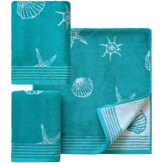 Handtuch Set DYCKHOFF "Seashell" Handtücher (Packung) Gr. (3 St.), blau (türkis) Handtuch-Sets mit Muschelmuster