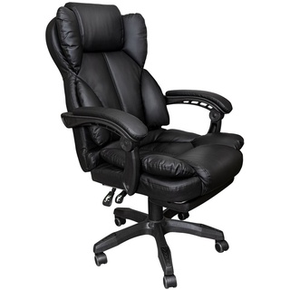 Schreibtischstuhl Bürostuhl Stoff Gamingstuhl Racing Chair Chefsessel mit Fußstütze, Farbe:Schwarz - Kunstleder