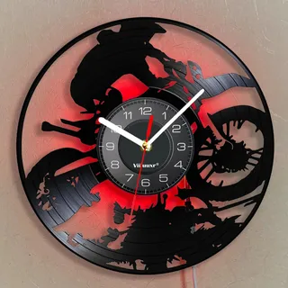 Viiluuxr 30cm Vinyl-Schallplatte Wanduhr LED Bunte Leuchtende Uhr, Fernbedienung Nachtlicht Kreative Motorrad-Extremsport Heim Garage-Reparaturwerkstatt Wanddeko (Bunt mit LED)