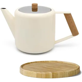 Bredemeijer Teekanne Set 1.1 Liter - Edelstahl doppelwandig Creme-Weiß - Großer moderner Teebereiter ohne Filter - inkl. Holz-Untersetzer braun