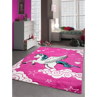 Kinderteppich Spielteppich Kinderzimmer Teppich Einhorn Design mit Konturenschnitt Pink Creme Türkis Größe 160x230 cm