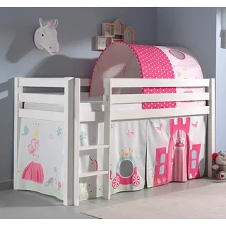 Spielbett Hochbett Kinderbett 90x200 Vorhang Prinzessin Rosa Tunnel Weiß Holz