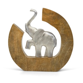 FeinKnick Skulptur “Leichtigkeit” - Moderne Elefanten Deko Figur in Handarbeit aus Alu in Mangoholz - silberner Deko Elefant aus Metall in Baumscheibe 24 cm groß - Dekofigur als Statue mit Holz