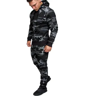 Amaci&Sons Herren Cargo Stil Sportanzug Jogginganzug Trainingsanzug Sporthose+Hoodie 1003 Camouflage Schwarz XXL - XXL