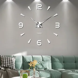 Xxl Rahmenlose 3d-wanduhr Zum Selbstgestalten, Selbstklebender Geräuschloser Spiegel, Dekoration Für Zuhause/büro (2 Jahre Garantie) (silber-73)