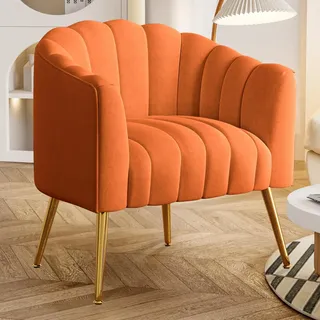 SEYNAR Sessel, Modern Sessel Wohnzimmer, Gepolsterter Loungesessel, Mid Century Armchair, Einzelsessel aus Samt, Einzelsofa in Kürbisform, für Wohnzimmer und Schlafzimmer,Orange