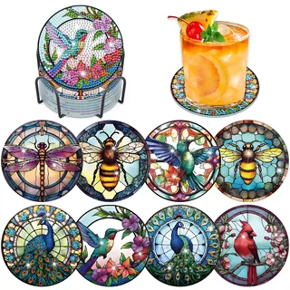 Lxmsja 8 STK Diamond Painting Untersetzer mit Halter, Diamond Art Untersetzer Tiere, Diamant Painting Bilder Erwachsene Kinder, Diamant Tassenuntersetzer mit Kork, Basteln Erwachsene Frauen