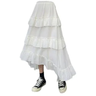 WEITING Schwarzer Langer Rock für Damen, Gothic-High-Low-Plissee-Rüschen, asymmetrischer, mittellanger Rock mit hoher Taille und koreanischer Mode, Weiß, Einheitsgröße