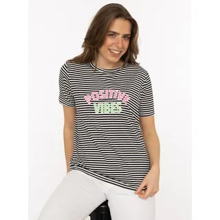 T-Shirt ZWILLINGSHERZ "Positive Vibes", Damen, Gr. S, marine, Web, Obermaterial: 95% Viskose, 5% Elasthan, bestickt, geringelt, bequem hüftbedeckend, Rundhals, gerader Abschluss, Shirts T-Shirt, gestickter Statement Schriftzug, Rundhals