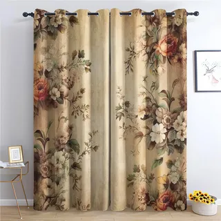 SZLYZM Vintage Blumen Vorhänge, Verdunklungsvorhänge mit Muster Blumen, Vorhang Blickdicht mit Ösen, Gardinen für Wohnzimmer Schlafzimmer Kinderzimmer Deko 2er Set - 175x140 (H X B) (QU-&204)