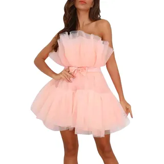 Modaworld Tüllkleid Damen Kurzes Puffy Ballkleid Trägerloses Mesh Geburtstag Fee Kleider Rüschen Cocktail Party Poofy Kleid Fotoshooting Neujahr Kleid für Frauen
