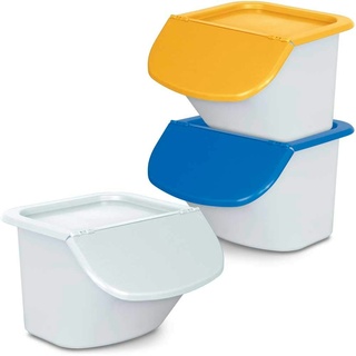 3x 15 Liter Zutatenbehälter mit Entnahmeklappe, stapelbar, Korpus weiß, Deckel blau/orange/weiß