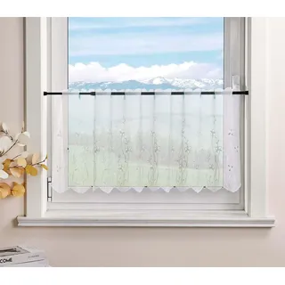 Delien Voile Bistrogardinen für Küche Transparente Scheibengardine Landhaus Kurz Gardine Modern »Blumenzweig« Stores Schals Bestickt Vorhang mit Tunnelzug BxH 120x60cm,Weiß