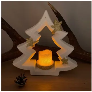 Online-Fuchs Dekobaum Weihnachtsbaum aus Keramik mit goldener LED Kerze inkl. Timerfunktion (Teelichthalter, Votivkerze), Maße des Tannenbaum ca. 23 x 6 x 22 cm hoch, glitzernd weiß