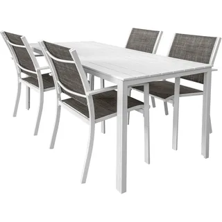 Gardenia Set Paros 4 weiß Tischset und 4 Stühle, Gartensessel aus Metall und Textilene mit Tischplatte aus Kunstharz, Holzoptik, Stahl, 4 Poltrone