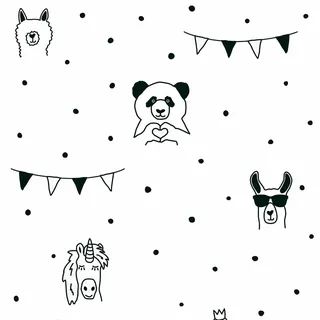 Bricoflor Kinderzimmer Tapete in Schwarz Weiß Coole Vliestapete mit Panda Lama und Einhorn Vlies Kindertapete mit Tieren und Punkten für Mädchenzimmer
