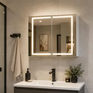 Thanaddo Spiegelschrank Bad mit Beleuchtung, 80cm breit Badezimmerschrank mit LED Speigel und Verstellbarem Regal, 80x60x15cm Doppeltür HD-Spiegel Badschrank mit Ablage, Hängeschrank, Weiß