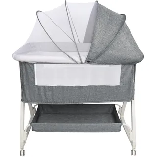 HUOLE 3 in 1 Beistellbett, Reisebett Baby mit Matratze, Babybett 6 Fach höhenverstellbar mit Aufbe, tragbarer Stubenwagen mit Rollen für Baby bis 36 Monaten-92 * 52 * 106-118cm – Leinengrau