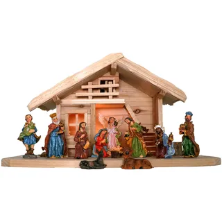 mgc24 Weihnachtskrippe Tischkrippe aus Holz, komplett mit 11 Krippenfiguren handbemalt, LED-Beleuchtung