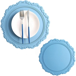 Große runde geprägte Tischsets 34 cm Set von 2 Stück Esstisch Dicke Silikon Platzsets Hitzebeständig rutschfest und wasserdicht (Blau)