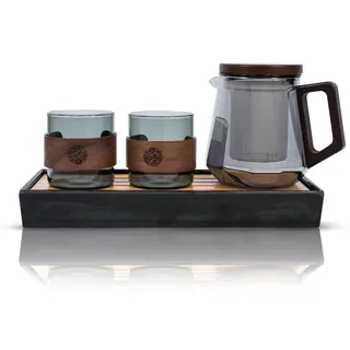 Cebador - Teezeremonie Set Teekanne 500ml Mit Sieb - 2 Schalen 150ml, Bambus Tablett - Hitzebeständiges Glas & Holz - Komplett
