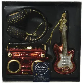 Christbaumschmuck Glas Musik Rock'n'Roll Set 3-teilig 8cm Weihnachtskugeln rot schwarz