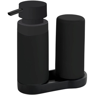 WENKO Easy Squeez-e Spülstation Schwarz, Kombination aus nachfüllbarem Spülmittel- und Seifenspender ideal für Bad, Küche und Gäste-WC, Fassungsvermögen ca. 250 ml je Dosierer, Maße 15 x 18 x 7 cm