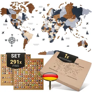 WOW WOOD Premium Wanddeko 3D Weltkarte Holz in Deutsch mit Pins | Werkzeuglose Wandmontage | Eine Geschenkidee für jede Gelegenheit | Wand deko Holz für Wohn- und Büro Deko (Dunkelbraun, 160x85 cms)