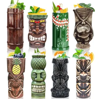 Tiki Becher Cocktail-Set von 8 – Becher, Keramik, hawaiianische Luau-Party-Tassen, Drinkware, niedliche, exotische Cocktailgläser, Tiki-Bar, professionelle Hawaii-Party-Barware,