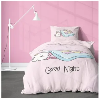 MTOnlinehandel Kinderbettwäsche Einhorn 135x200 + 80x80 cm, 100 % Baumwolle, Renforcé, 2 teilig, hautfreundlich mit Reißverschluss, Mädchen-Bettwäsche, Teenager rosa