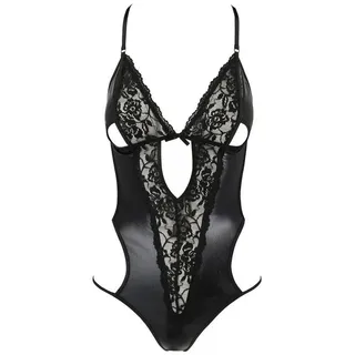 Passion Dessous Stringbody Schwarzer wetlook Frauen Dessous Body mit Spitze Blumenmuster Reizwäsc schwarz XXL-XXXL