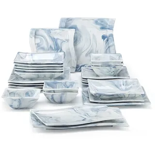 MALACASA Geschirr-Set Tafelservice FLORA für 6/4 Personen Marmor Geschirrset (26-tlg), 6 Personen, Porzellan blau