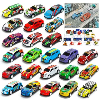 MUXIWOM Auto Spielzeug Set, 24 Stück Cars Spielzeug, Mini Spielzeugautos Aufziehautos mit 28 Straßensperre, Autos Zurückziehen Fahrzeuge, Stile Variieren, Geschenk für Kinder ab 3 4 5 6 7 8 Jahre