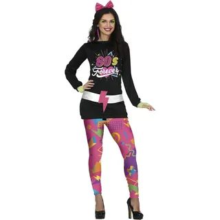 FIESTAS GUIRCA Kostüm der 80er-Jahre, schwarzes Kleid mit langen Ärmeln und rosa Leggings mit Aufdruck für Damen, Größe S 36-38