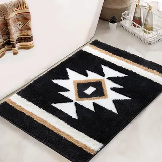 TANVILL Boho-Badezimmerteppich, schwarz, rutschfest, weich, saugfähig, Western-geometrischer Badteppich, luxuriöse Plüsch-Bodenmatte für Badezimmer, Dusche, moderne Dekoration, 50,8 x 81,3 cm