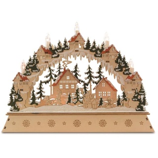 Riffelmacher 76438 - Schwibbogen mit Häusern und Kindern aus Holz, 35 x 27 cm, mit LED u. großen Kerzen, Beleuchtung für Weihnachten, Winter und Advent