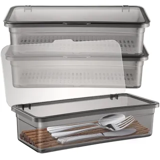 DOITOOL 3-Teiliges Besteckkasten Mit Deckel, Aus Lebensmittelechtem Kunststoff Besteckkasten Mit Abtropffläche Aufbewahrungsbox Besteck Organizer Für Küchenutensilien Schubladen Und Arbeitsplatte
