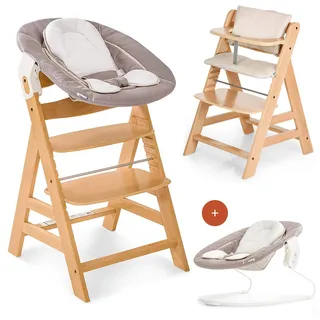 hauck Alpha+ Hochstuhl Newborn Set mit 2in1 Bouncer - Natural | Mitwachsender Holz Kinderhochstuhl ab Geburt bis 90 kg | inkl. Neugeborenenaufsatz & Sitzkissen