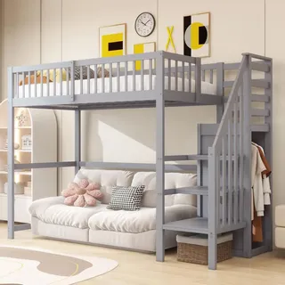 Merax Hochbett 90x200 mit Treppe und Aufbewahrungsregal, Kinderbett aus Holz mit Kleiderschrank, platzsparend, stabiles Massivholzgestell, Grau - Grau