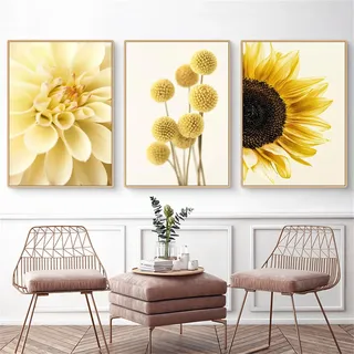 Uixxducc 3er Modern Poster Set, Gelb Sonnenblume Bilder Blumen Blätter Wandbilder, Stilvolle Leinwandbilder, Ohne Rahmen Kunst Bilder für Wohnzimmer Schlafzimmer (C,40x50cm)