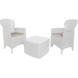 Dmora Outdoor-Lounge-Set Napoli, Gartengarnitur mit 2 Sesseln und 1 Containertisch, Sitzecke in Rattan-Optik, 100 % Made in Italy, Weiß