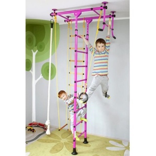 NiroSport Klettergerüst Sprossenwand Kinderzimmer M1 Kletterwand indoor aufbau ohne bohren, (1er-Set), Höhe 200-250cm, 220-270cm, 240-290cm. Sprossen: Holz oder Metall rosa 55 cm x 100 cm x 250 cm