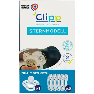 CLIPP Set – Entwöhnungsschnuller Sterne + 5 Entwöhnungsschilde zur schrittweisen Abgewöhnung + Gebrauchsanweisung – Spielerisch, einfach & sanft – Patentiert – Entworfen in Frankreich – Ab 2