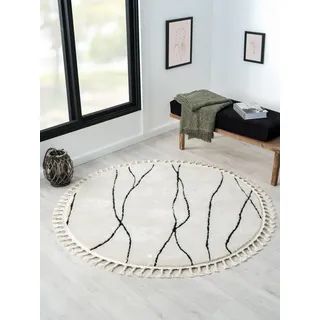 MY-RUG Teppich Linnea rund weiß schwarz mit Muster und Linien, Wohnzimmerteppich kurzflor Shaggy, Boho & geometrisch, Schlafzimmer Teppich im Landhaus Stil